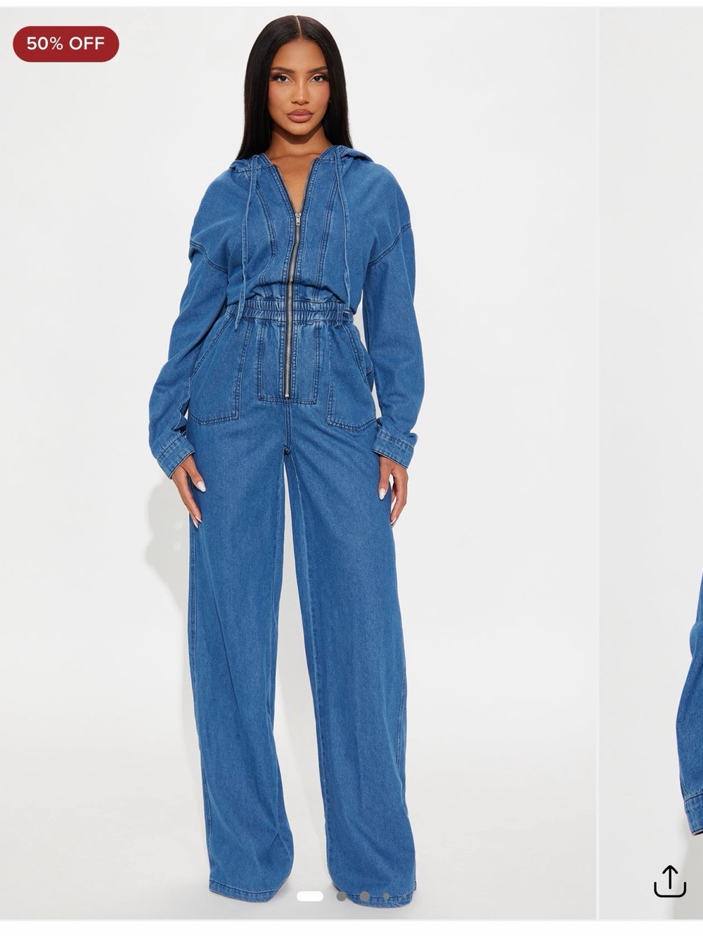 Blue Denim Zip-Front Wide Leg Jumpsuit